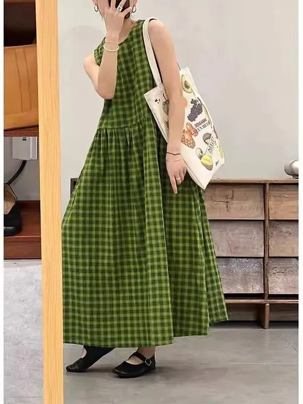 Pelangsingan Plaid Cotton Lin Svel Long Dr Wanita plus Saiz Dstring Pinggang bulat Ne Vest Skirt Ulang-alik Sle Musim Panas... — image 2