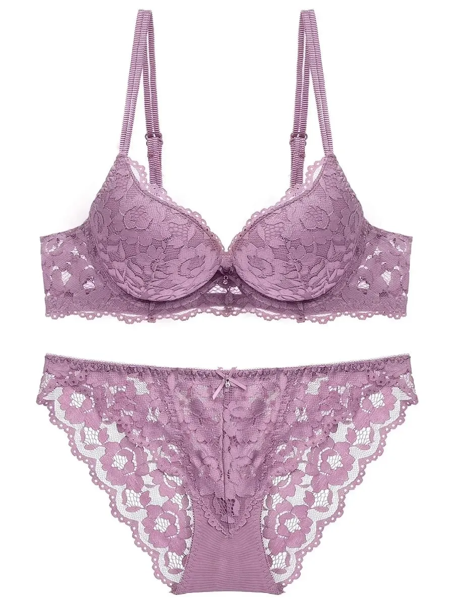 1 Set Elegant Lace Embroidery & Breathable Fabric Lingerie Set: Push-Up Bra Drop Waist Sheer Panty - Ultimate Valentine's Day — image 1