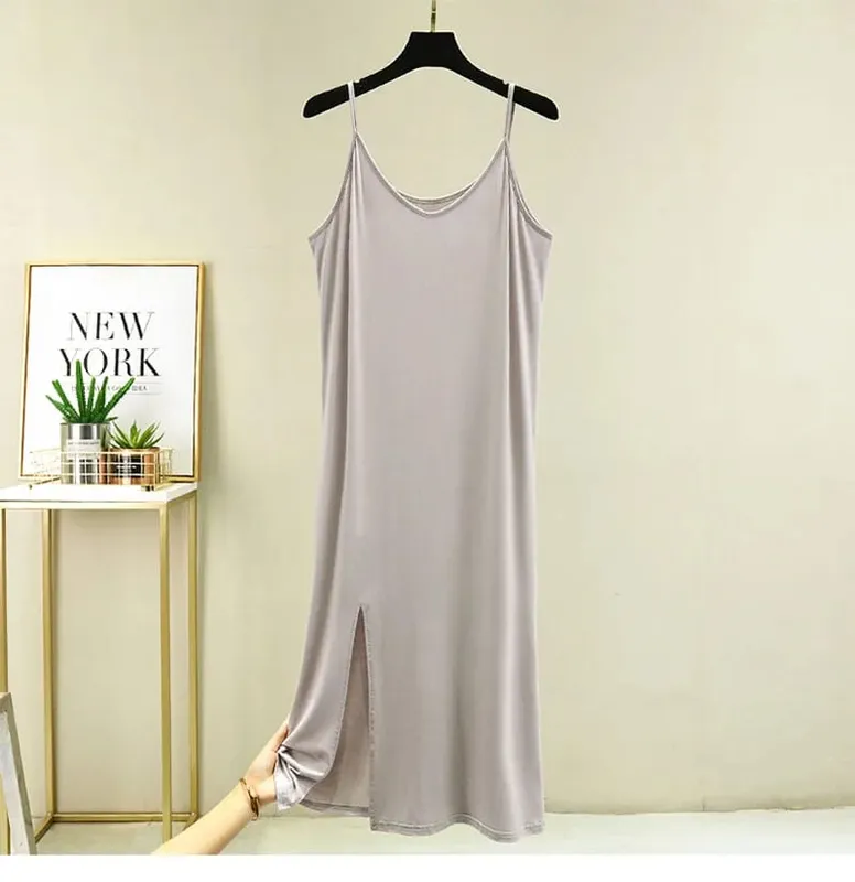 Womens Modal Volledige Slip Jurk Ondergoed Veststrap Solid Lange Onder Jurk Hemdje Slips Innerlijke Petticoat Vrouwen Intimates — image 9
