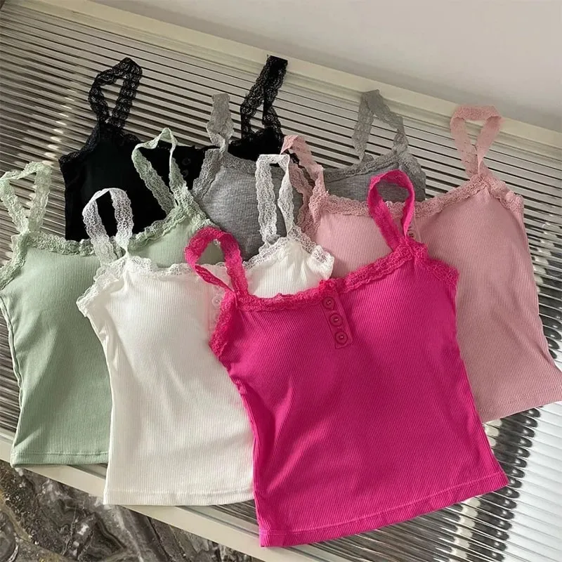 Summer Lace Strap Patchwork Camisole Kvinder Ensfarvet Ærmeløse Buttons Tank Top — image 5