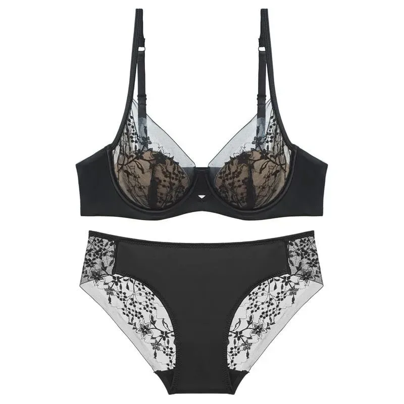 Dünne Cups, leicht gefüttert, Mesh-Blumenspitze, Push-up-BH und Höschen-Set, schöne Unterwäsche für Damen, Büstenhalter, sexy Dessous — image 3