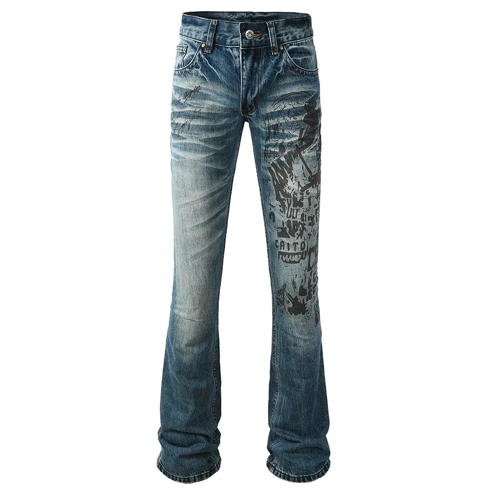 Erkek Çizme Kesim Denim Kot İnce Genişletilmiş Pantolon Mavi Streç Uzun Pantolon Yüksek Kaliteli Desen Baskı