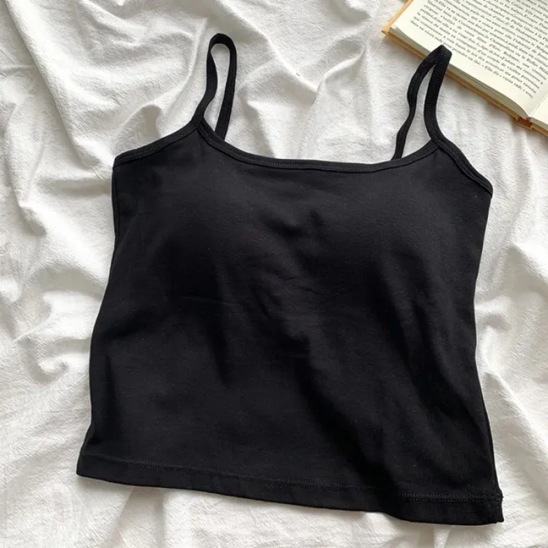 ผู้หญิงสีทึบสายรัดแขนกุด Slim Camisole พร้อมแผ่นหน้าอกสบาย Daily TOP Travel ภายในกีฬาผ้าฝ้ายเสื้อกั๊ก
