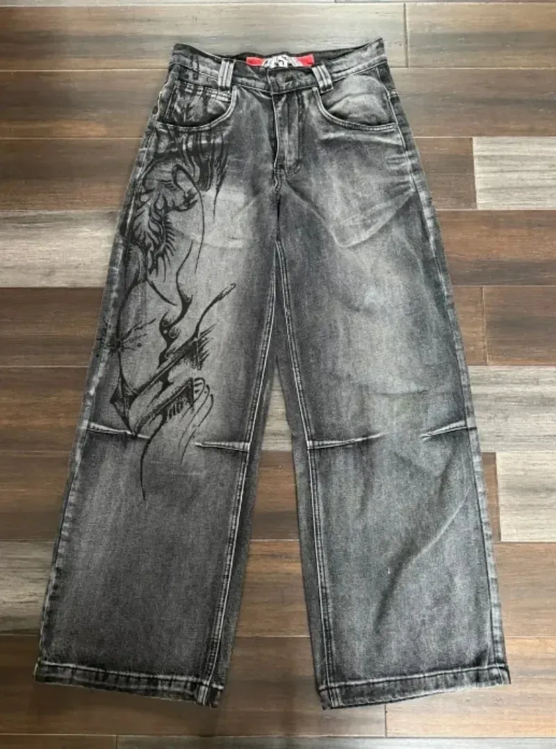 90s Gothic Centipede Embroidery Washed Oversized Wide-Leg Pants Jeans Men Y2K New Harajuku Punk Hip-Hop Rock Couple Street Wear — image 15