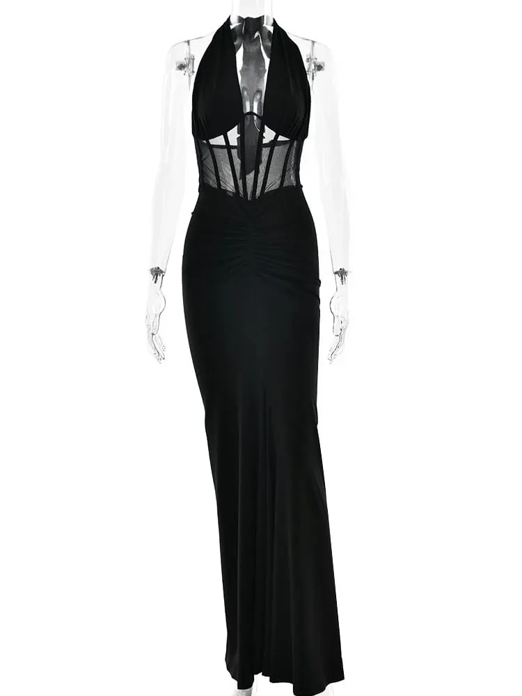 MO Patchwork Sexy Tiefem V-ausschnitt Halter Frauen Maxi Kleid Rückenfreies Durchsichtiges Kleid Sommer Schlank Elegantes Party Abendkleid — image 6