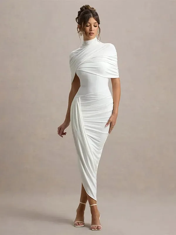 Irregular Pleated Ruched Maxi Dress Women's Backless Turtleneck Slim High Waist Robes Summer Lady Chic Street Vestidos 2025 New