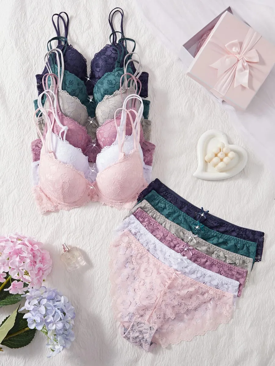 Set Seluar Dalam Wanita Pepejal 6 Keping Renda Bunga Tekan Bra Seksi Berongga Seluar Dalam Set Pakaian Dalam Selesa — image 1