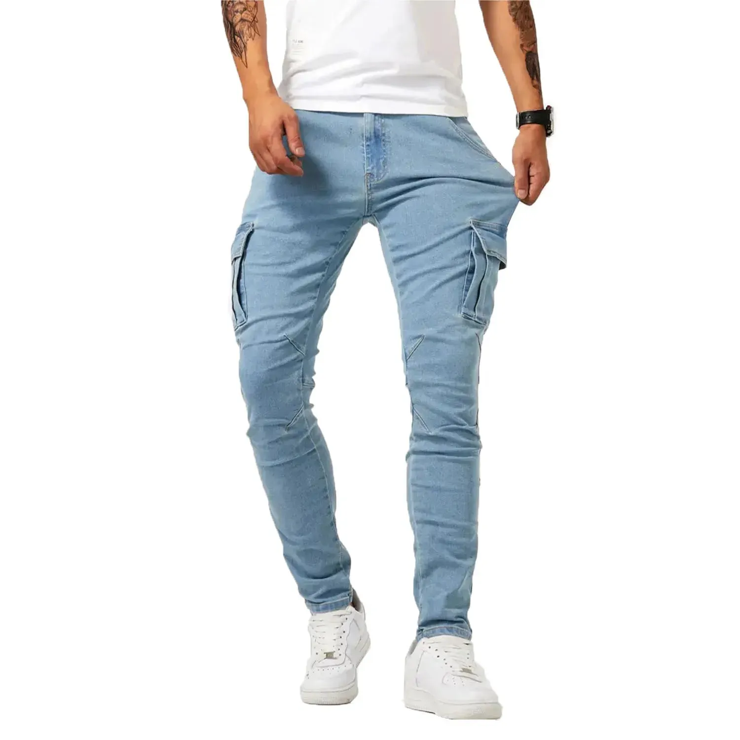 Panlalaking street stretch denim jeans wasshed solid color multi pocket work pants casual slim fit daily wear jogging pants mid wa — image 5