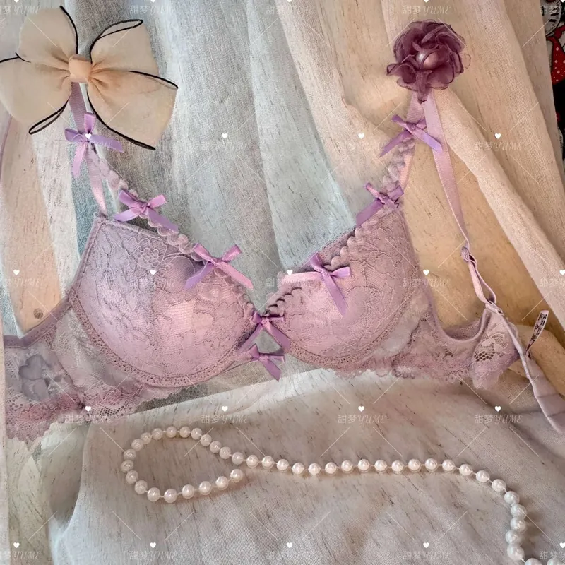 Women Purple Butterfly Halter Bra Set Cross Strap Design Elegant Push Up Underwear Suit 2-38 Fashion Daily Lingerie