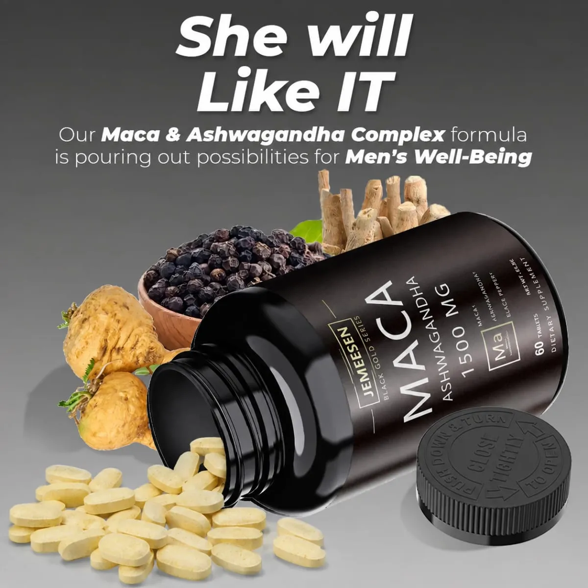 유기농 마카 뿌리 분말 캡슐 1500mg, 마카 뿌리 추출물 Ashwagandha 검은 후추 보충제 함유 남성용 — image 3