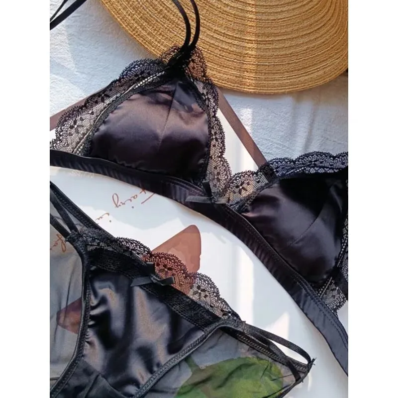 Bralette Perancis Klasik Tanpa Underwire Renda Elegan Cawan Kecil Pakaian Dalam Wanita Fesyen Set Bra 3 Keping dengan Cawan Berbentuk Lembut — image 3