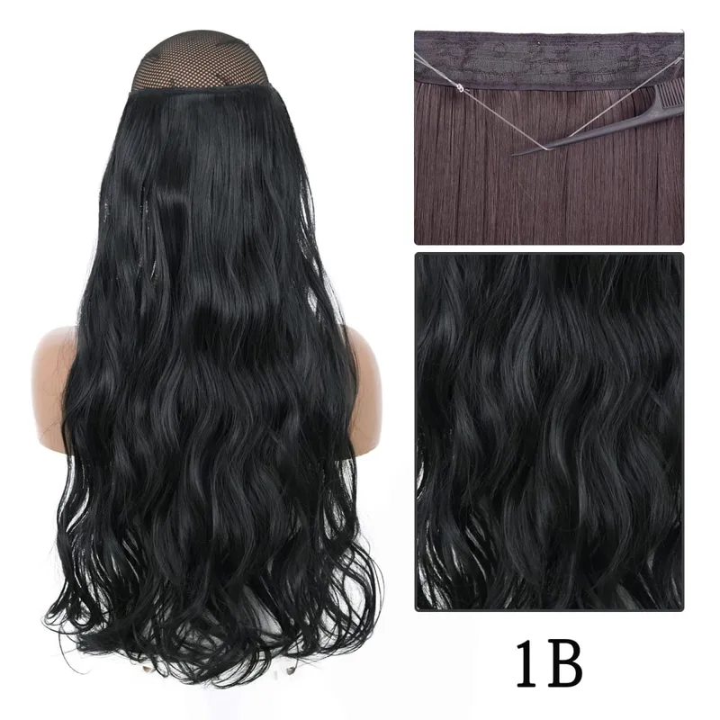 Estensioni dei capelli sintetiche senza clip regolabili con linea di pesce, parrucchino naturale biondo marrone ondulato lungo resistente al calore per le donne