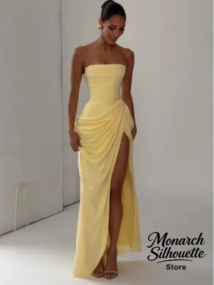 Elegante abito lungo pieghettato giallo senza spalline da donna Chic abito senza maniche solido in vita che stringe l'abito diviso 2026 abiti da sera da sera per donna — image 6