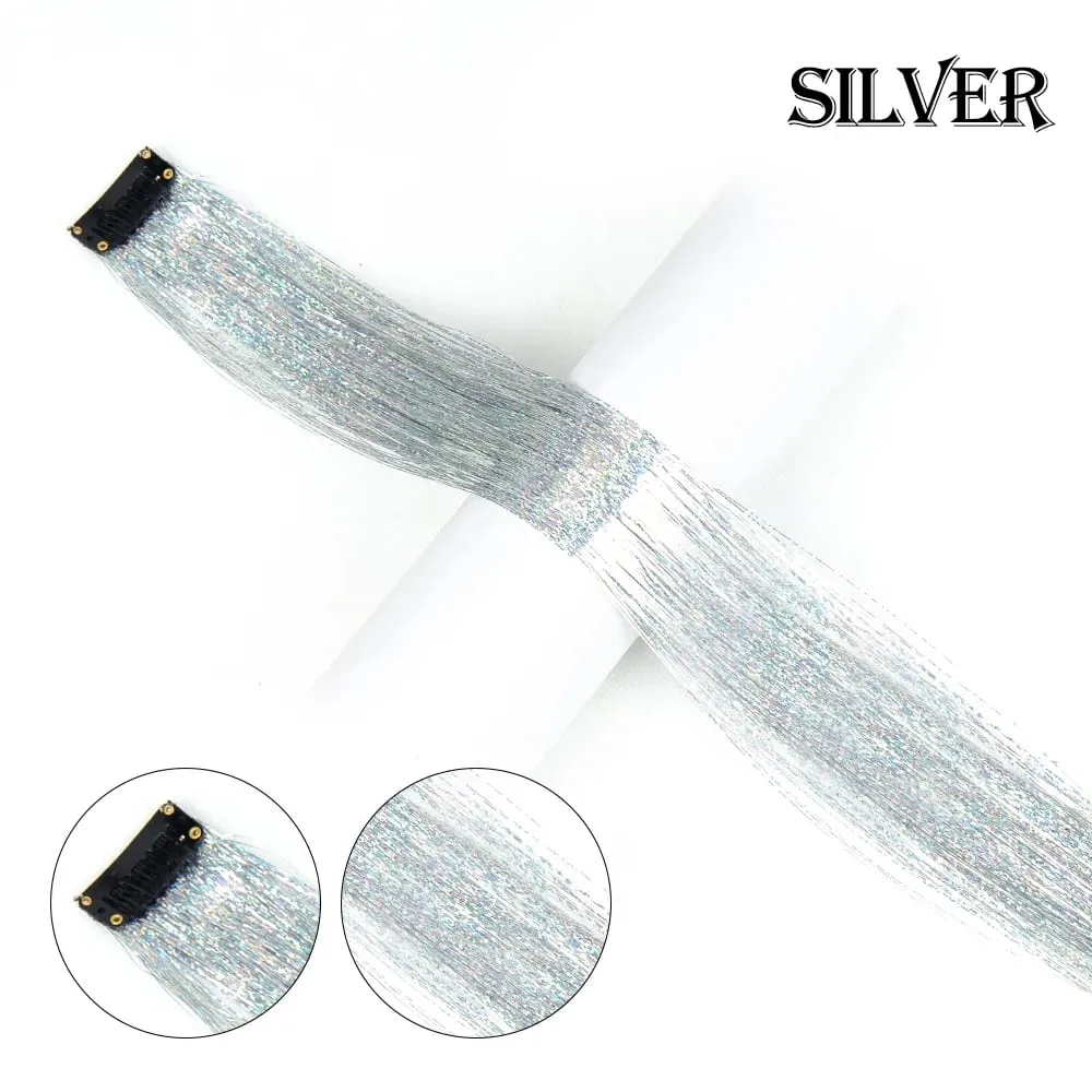 Punti salienti della festa color arcobaleno dritto Clip nelle estensioni dei capelli Pezzo di capelli scintillante Posticci sintetici Rosso scintillante — image 15