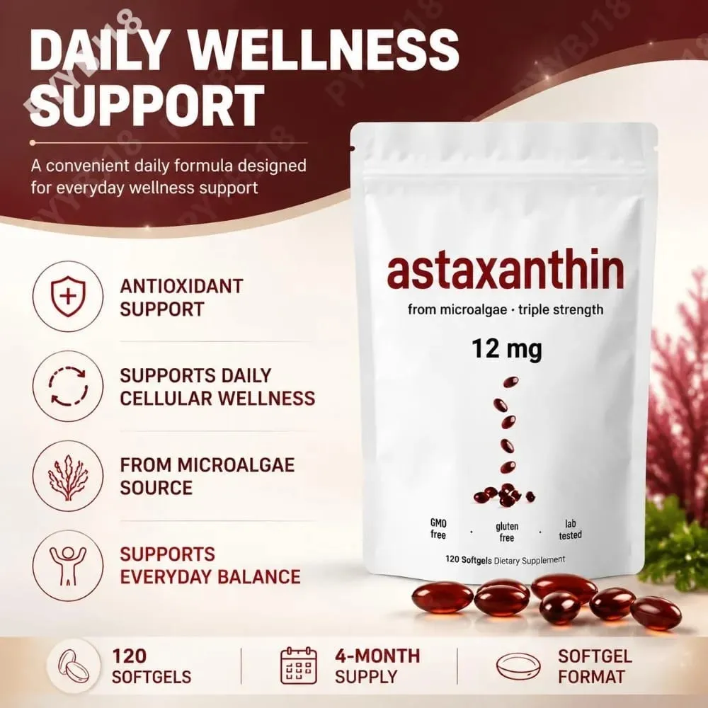 Astaxanthin 12mg měkké gely z mikrořas Triple Strength Antioxidant Supplement Cellular Wellness & Everyday Balance 120 Count — image 2