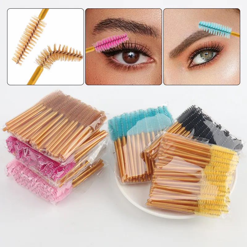 50pcs Disposable Golden Rod Eyebrow Eyelash Brushes Mini Mascara Wands Comb Eyelash Extension Applicator Beauty Makeup Tools — image 2