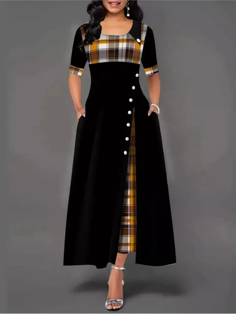 ผู้หญิงไม่สม่ำเสมอ Lattice Patchwork ชุดเดรสยาวปุ่มวินเทจ O คอครึ่งแขน Casual Lady เดินทางชุดแฟชั่น — image 2