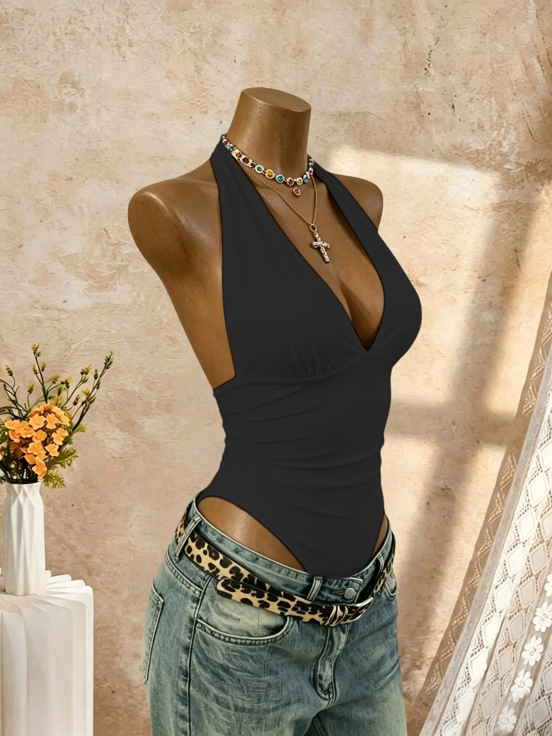 Γυναικείο κορμάκι Halter Deep V λαιμόκοψη μονόχρωμο αμάνικο μπλουζάκι μπροστινό λεπτή εφαρμογή Basic jumpsuit Tank Top — image 5