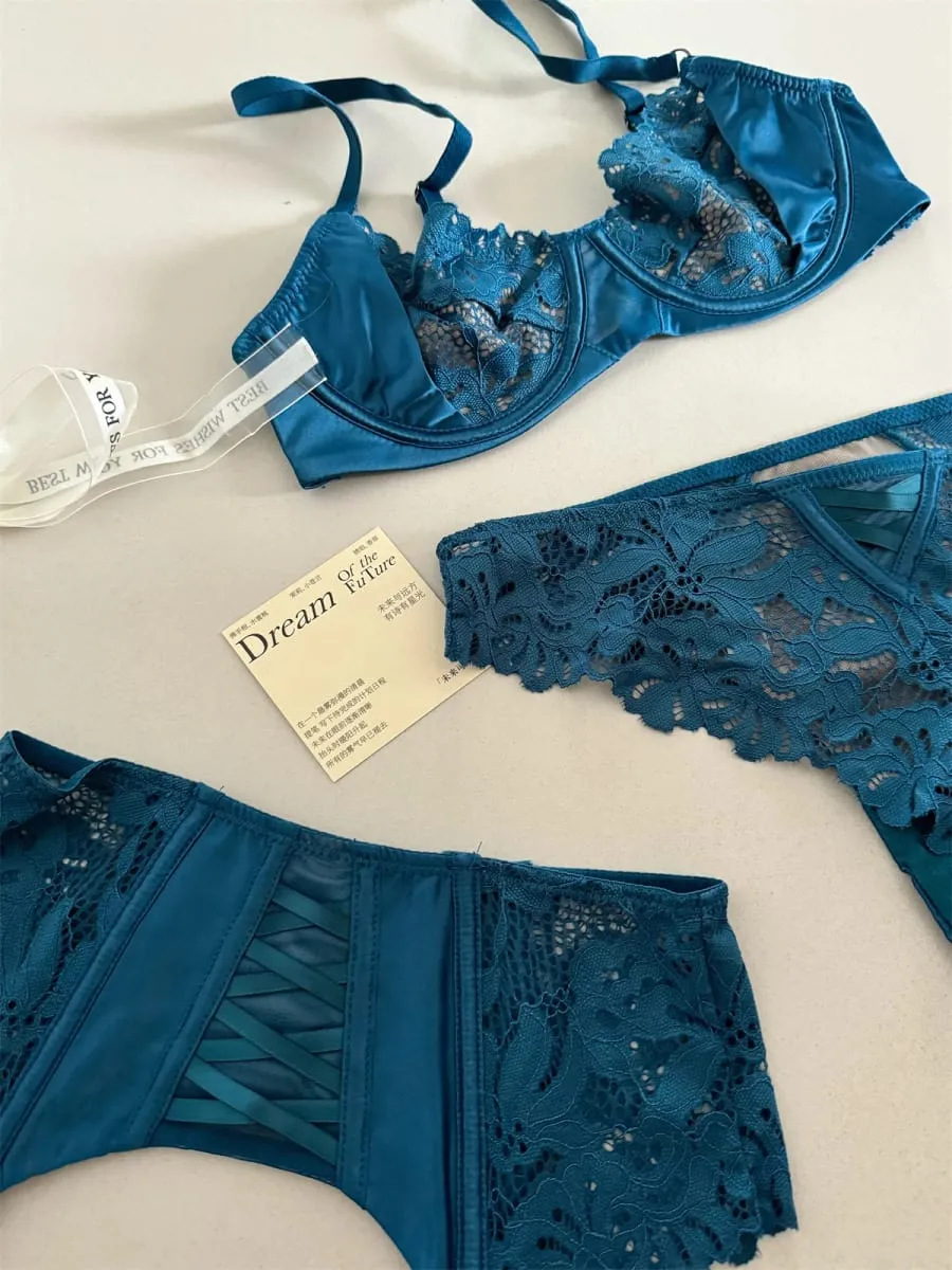 Satin three-piece thin section lingierie large breast underwear sexy lace bra breathable blue temperament underwear set — image 3