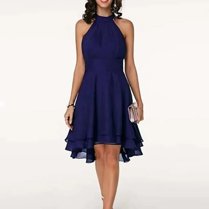 Women Elegant Dress Summer Solid High Waist Halter Sleeveless Midi Dresses Ladies Cropped Layered Chiffon Party Slim Dresses — image 13