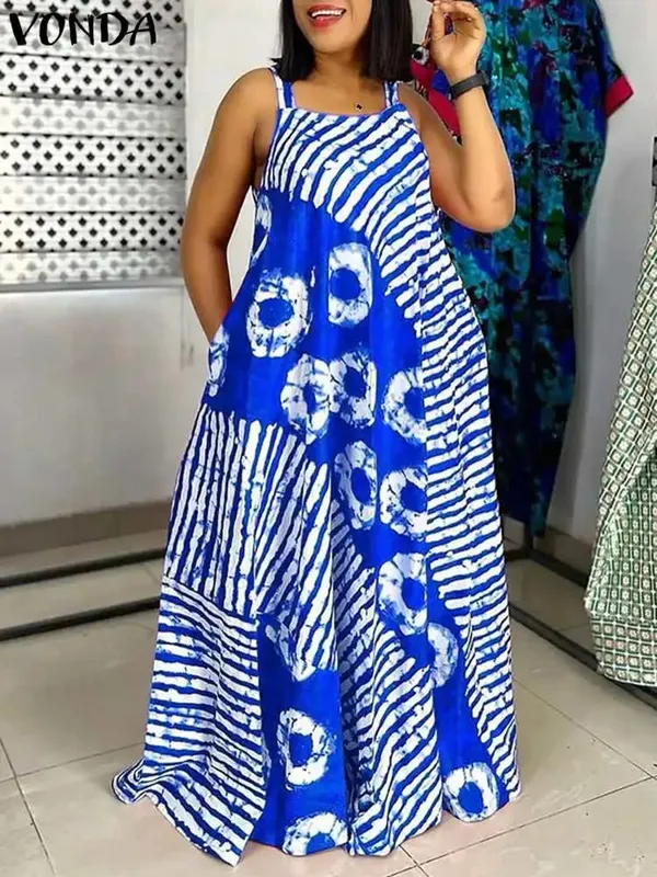 Plus ขนาด 5XL ฤดูร้อน Bohemian พิมพ์ชุด Maxi แขนกุดชายหาด Sundress ยาว Vestido Casual Holiday Robe — image 9