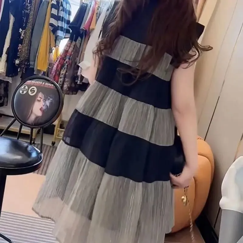 Casual Loose Patchwork Striped Dresses Female Clothing A-Line Contrasting Colors Summer Sleeveless Korean Round Neck Midi Dress — image 6