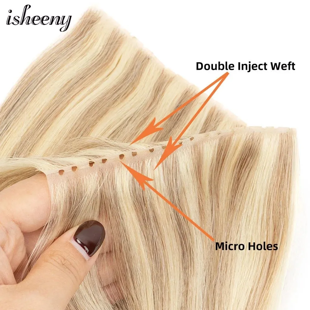 Double Inject XO Hole Weft Human Hair Extensions 12"-24" Invisible Twin Tab Weft Hair Natural Straight Pull Through Micro Hair — image 5