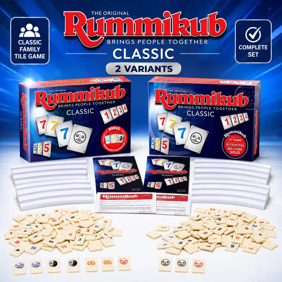 Rummikub 클래식 숫자 타일 전략 보드 게임 (랙 포함) 가족 파티 어린이 성인 영어 버전