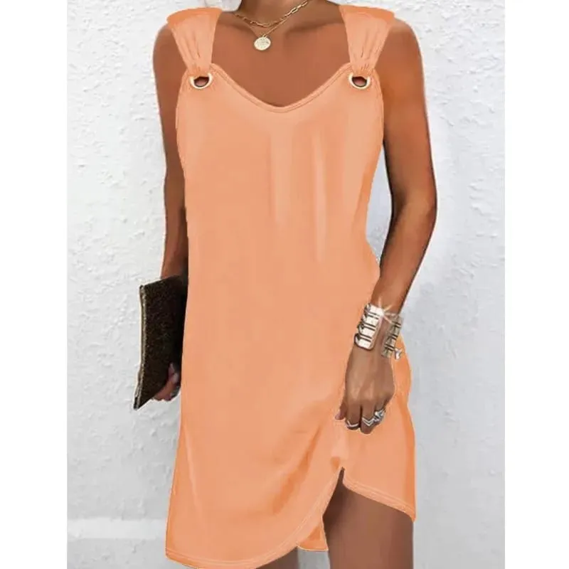 Women Summer Casual Dresses 2025 Elegant Simple Style Solid Color Metal Button V-neck Sleeveless Dress Female Sexy Midi Vestidos — image 3