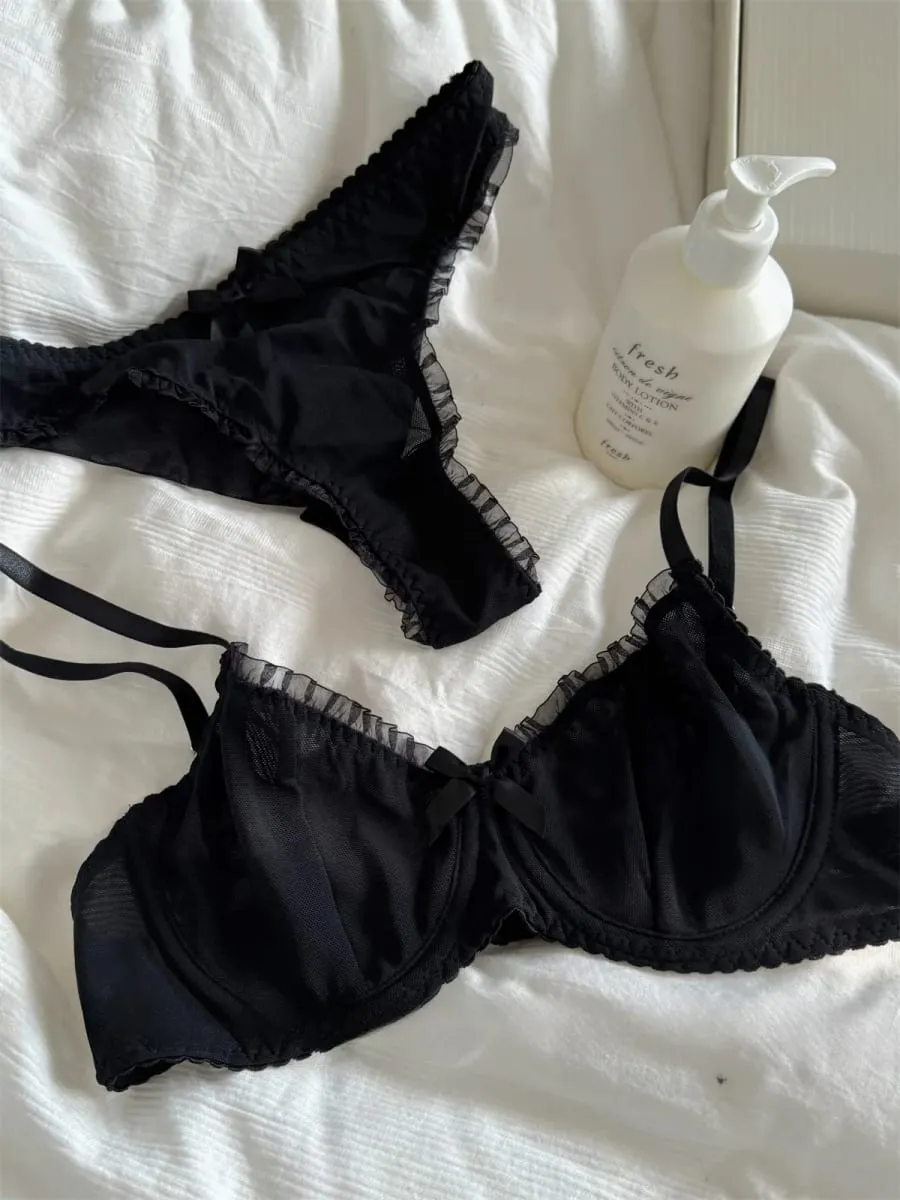 Lingerie en maille de dentelle noire, sous-vêtements, soutien-gorge fin, soutien-gorge rassemblé, gros seins, spectacle, petit ensemble de soutien-gorge — image 7