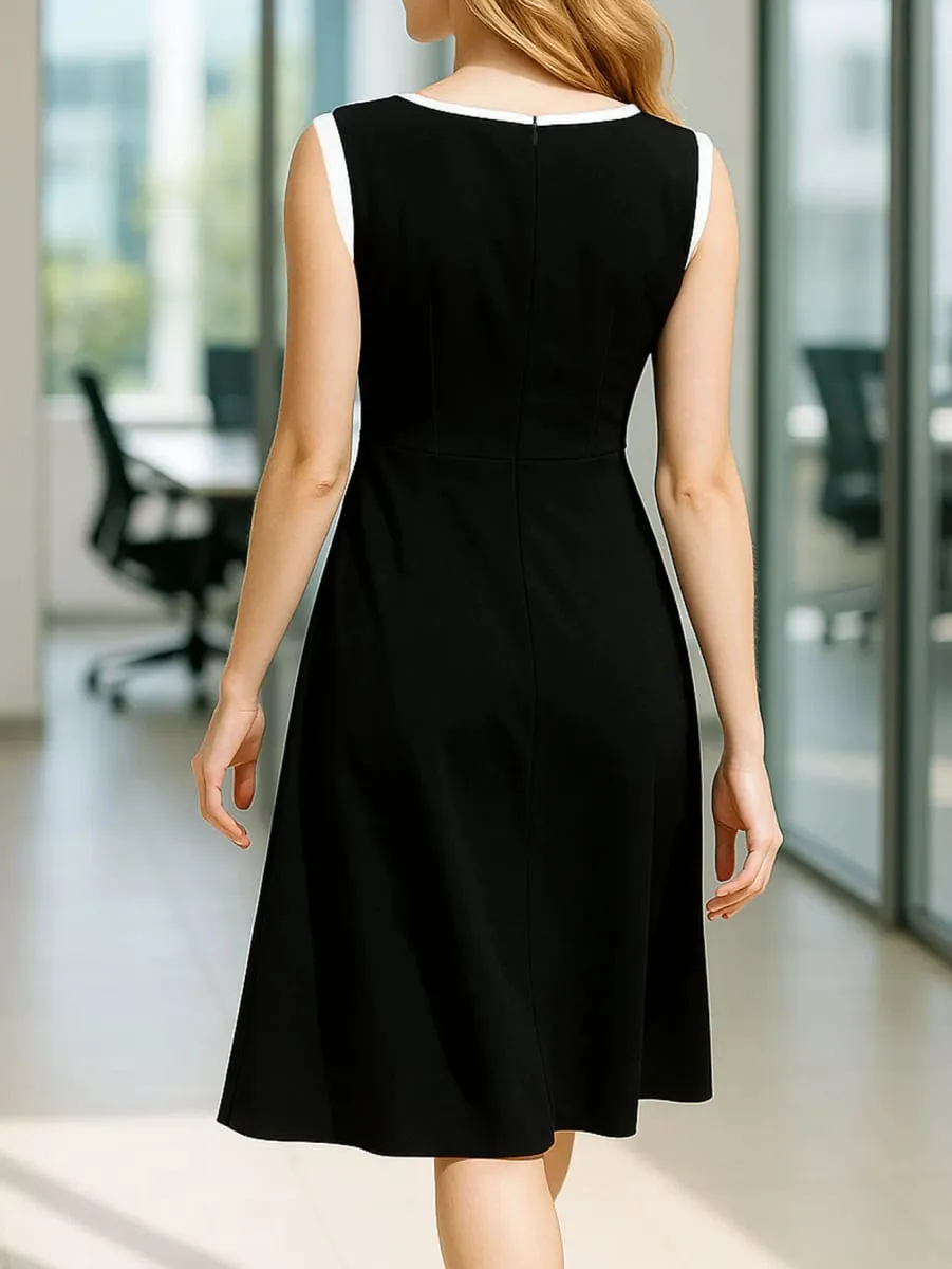 Gaun kerja musim panas elegan tanpa lengan wanita A-Line dasi hitam bisnis pesta kasual Slim Fit dan gaun ayun melebar — image 3