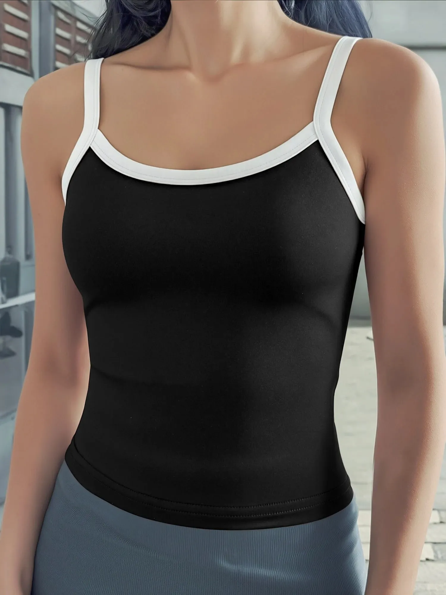 Contrast Binding U-Neck Crop Cami Slim Spaghetti Strap Bodycon Tank for Urban Street Style & Evening Date Outfits