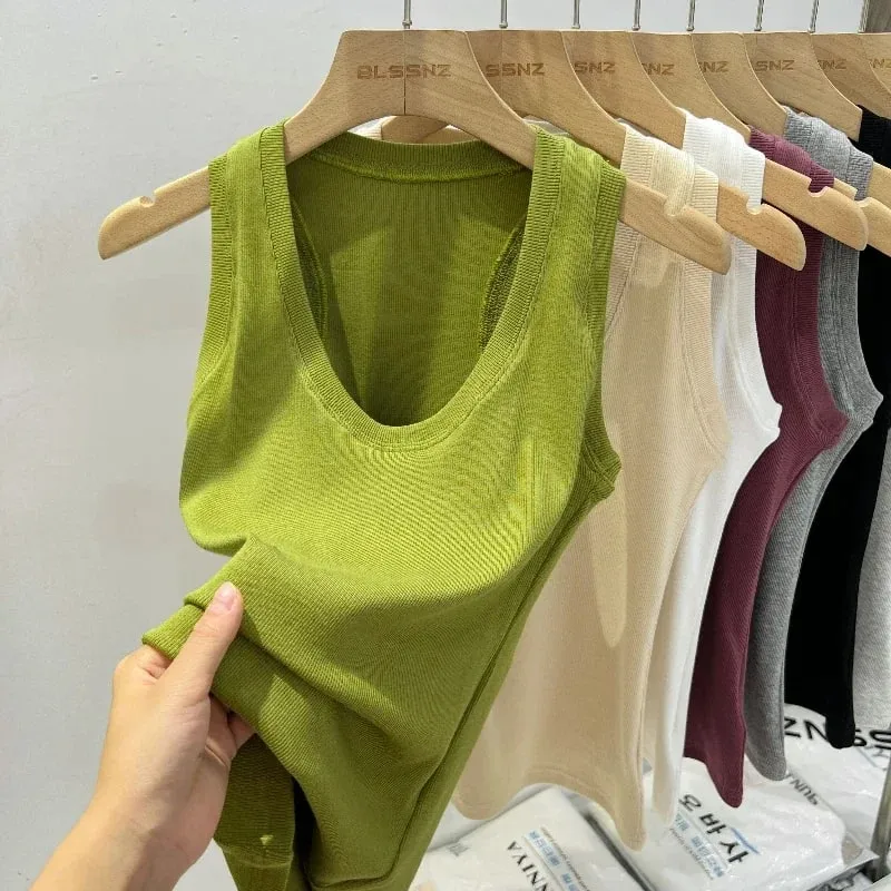 2026 Women Solid Low Round Neck Ribbed Camisole Summer Basic Elastic Tank Top Korean Style Versatile Slim Tanks & Camis — image 1