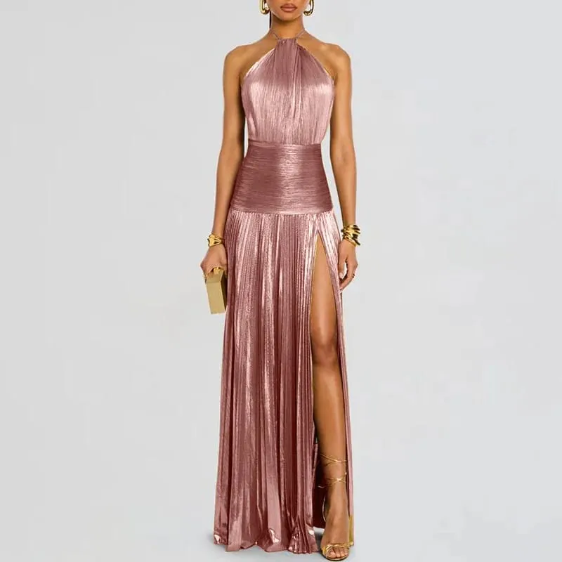 Gold Sexy Halter High Split Gowns Evening Dress Woman Chic Solid Hollow Pleated Long Dress Spring Summer Backless Zip Maxi Dress — image 4