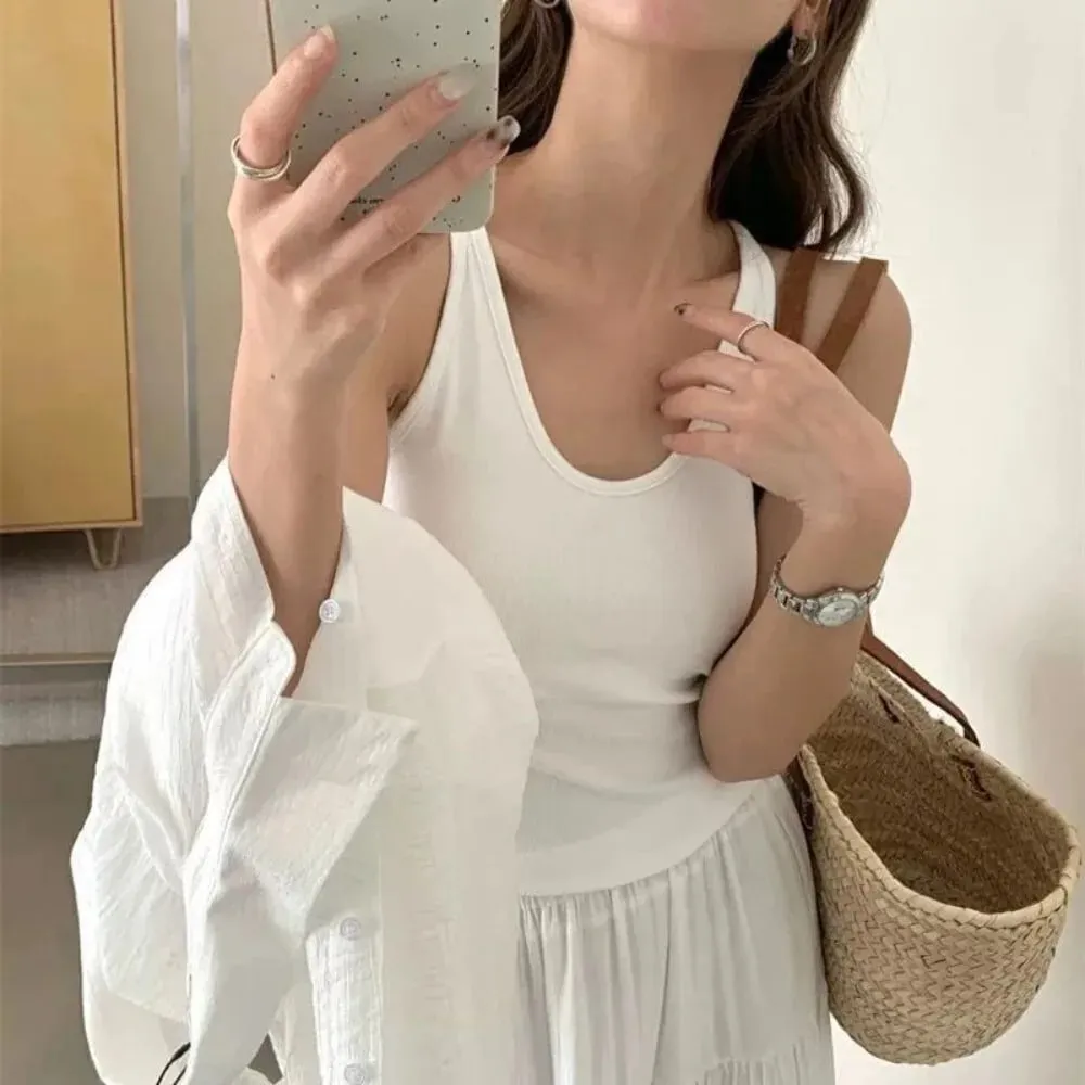 Gaya Korea dengan Tali Alas Dada Vest U-Neck Warna Pejal Tanpa Belakang Tanpa Lengan Atasan Pelangsingan Camis Wanita Musim Panas — image 1
