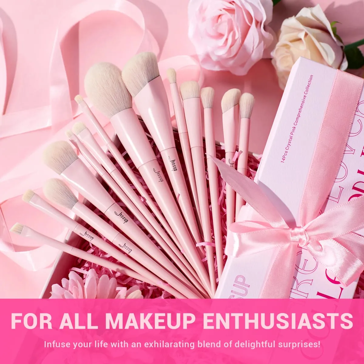 Jessup Pink Makeup Brushes Set 14pcs Make up Brushes Premium Vegan Foundation Blush Eyeshadow Liner Powder Blending Brush T495