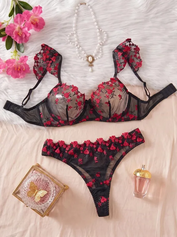 1 Set Romantic Rose Flower Embroidery Lingerie Set Ruffle Strap Sheer Mesh Bra Thong Set