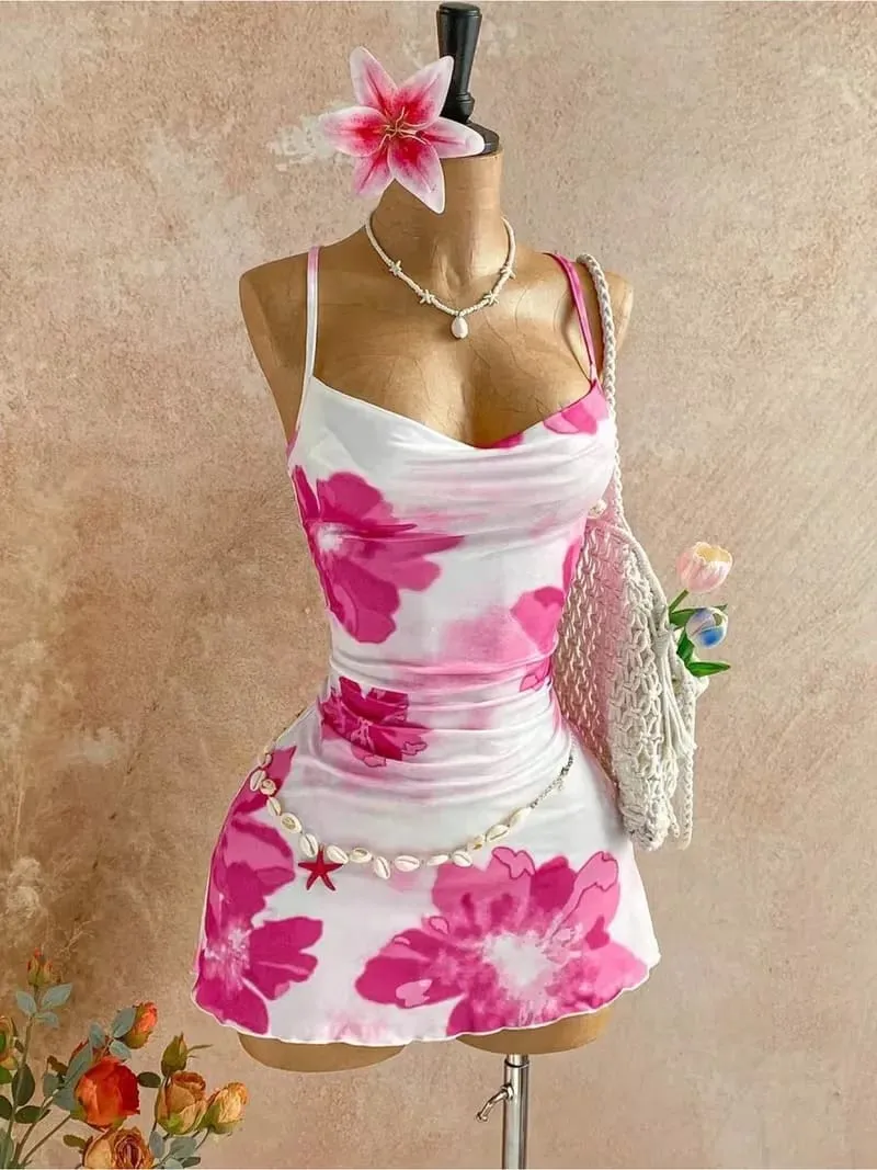 Abito da donna con cinturino sottile e collo ad anello rosa con stampa floreale laterale con volant increspato sul mini abito aderente 2026 Summer Tropical Beach Y2K per uscire — image 4