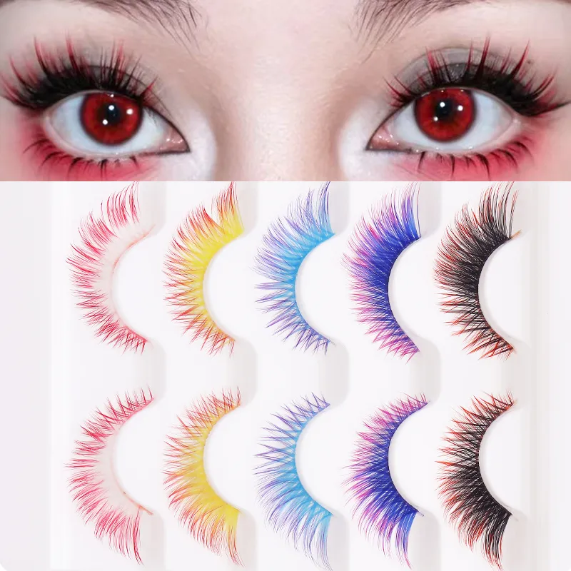 5 คู่ผสมสี Ombre Gradient ขนตาปลอม 3D สีสัน Strip Lashes Handmade Fluffy สีขนตาสำหรับคอสเพลย์แต่งหน้า — image 1