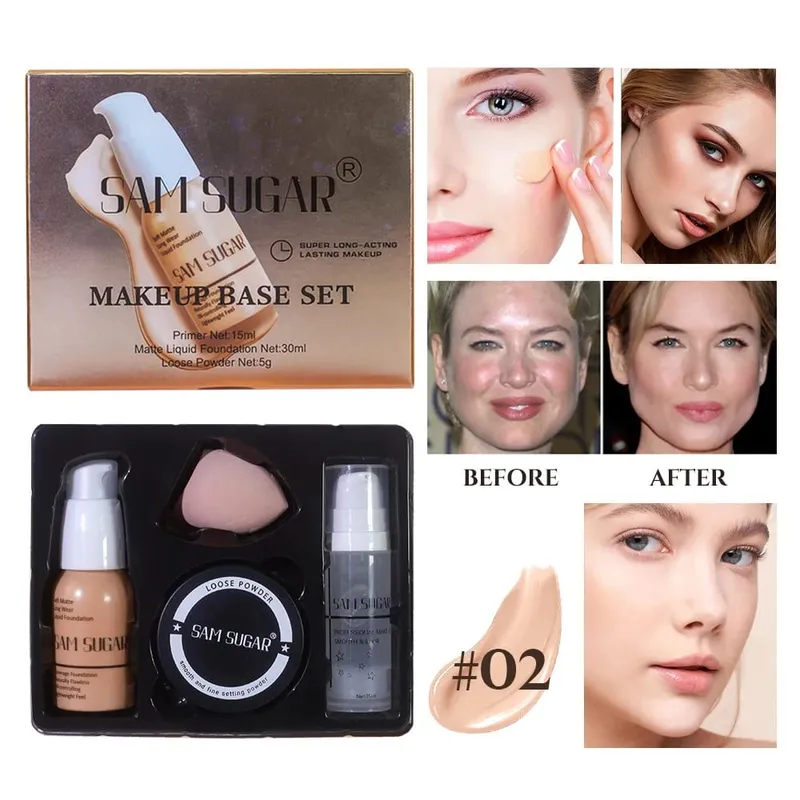 Makeup Base Sæt med 15ml Primer 30ml Matte Foundation 5g Løs Powder Puff For Glat Fejlfri Hud Longwear — image 8