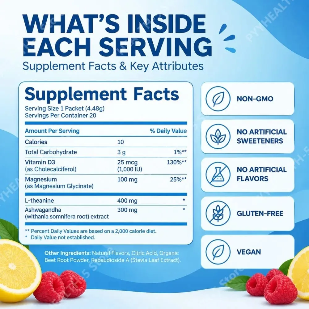 Powdered Drink Mix Cortisol Reducer and Sleep Aid Supplement L Theanine Magnesium Glycinate Vitamin D 3 No Sugar Non GMO 20 Ct — image 4