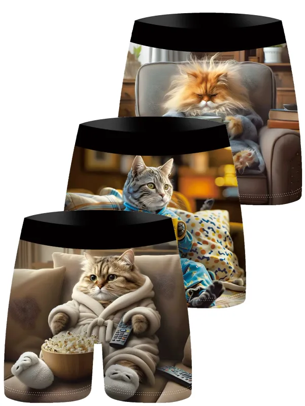 3Pcs Männer Boxer Briefs Nette Faule Katze 3D Druck Unterwäsche Weiche Stretch Männliche Unterhose Lustige Neuheit Geschenk Boxershorts — image 2