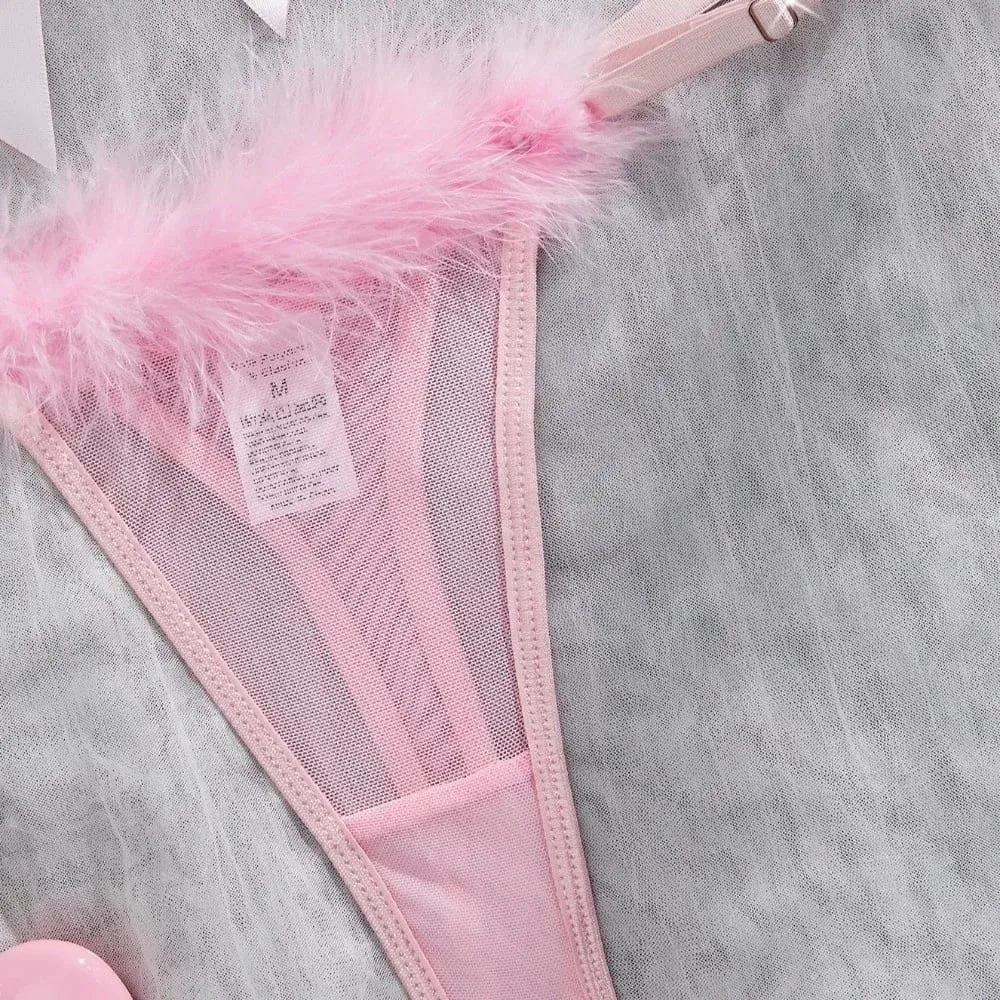 Pakaian Dalam Wanita Berbulu Tanpa Wayar Hiasan Busur Set Pakaian Dalam Jala Seluar Dalam Bra Intim Romantik Lutsinar Sut Hari Valentine — image 3