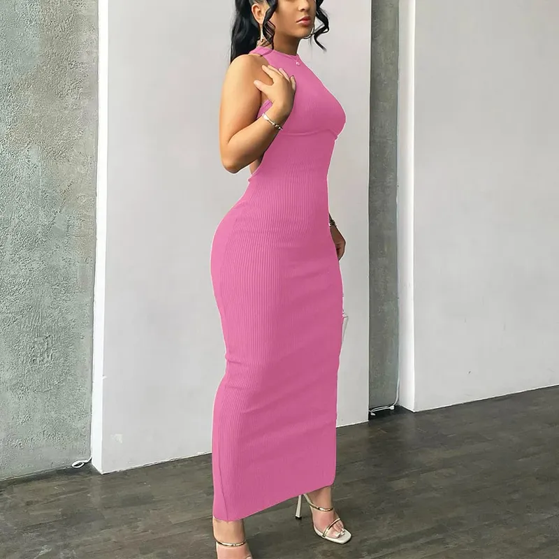 Hugcitar Ribbed Solid Hollow Out Tanpa Belakang Tanpa Lengan Seksi Celah Pakaian Mini Bodycon 2025 Musim Bunga Pakaian Wanita Pesta Elegan Y2K — image 13