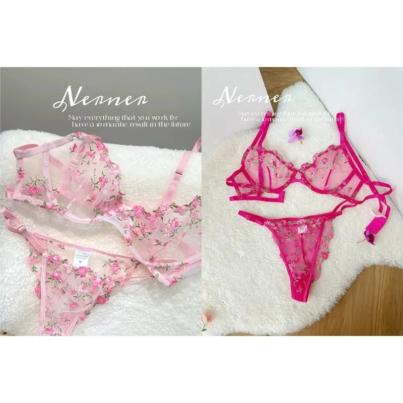 Set Bra Sulaman Renda Bunga Lutsinar Seluar Dalam Minimizer Nipis Musim Panas Lembut Bernafas Payudara Penuh Wanita Di Rumah Pakaian Harian S-XL — image 13