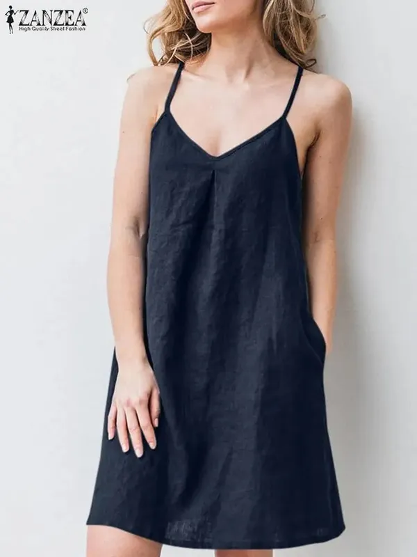 2023 ZANZEA Women Summer Backless Straps Dress Solid Sleeveless V-Neck Sundress Female Casual Robe Party Beach Vestidos Oversize — image 2