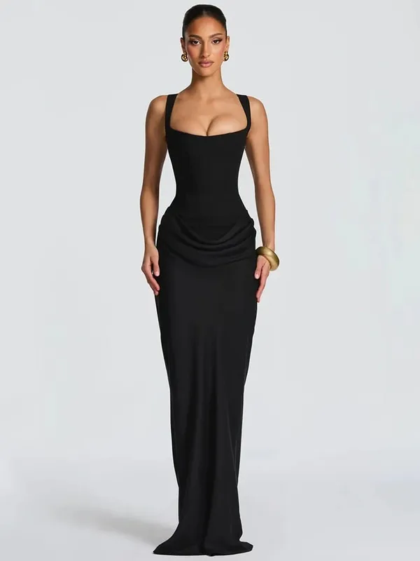 Mozision Abito lungo sexy increspato senza schienale da donna elegante colletto quadrato spalline affusolate senza maniche aderente abito lungo da festa per club — image 6