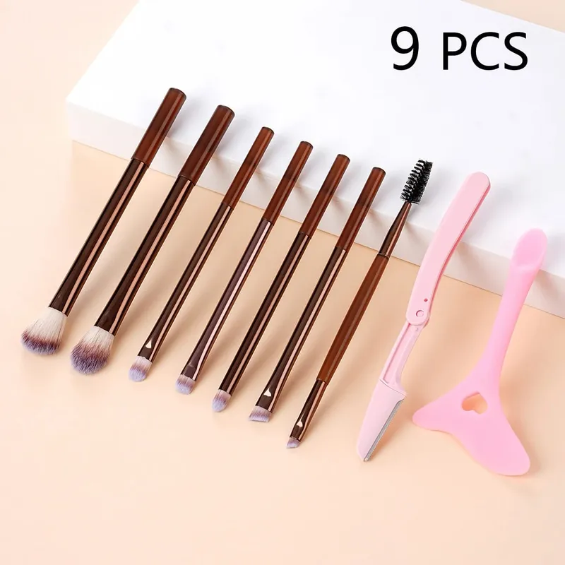 9 STK Makeup Børste Sæt Bløde børster Inkluderer professionelle øjenmakeup børster Øjenbryn Barberblad Silikone Eyeliner Stencils — image 9
