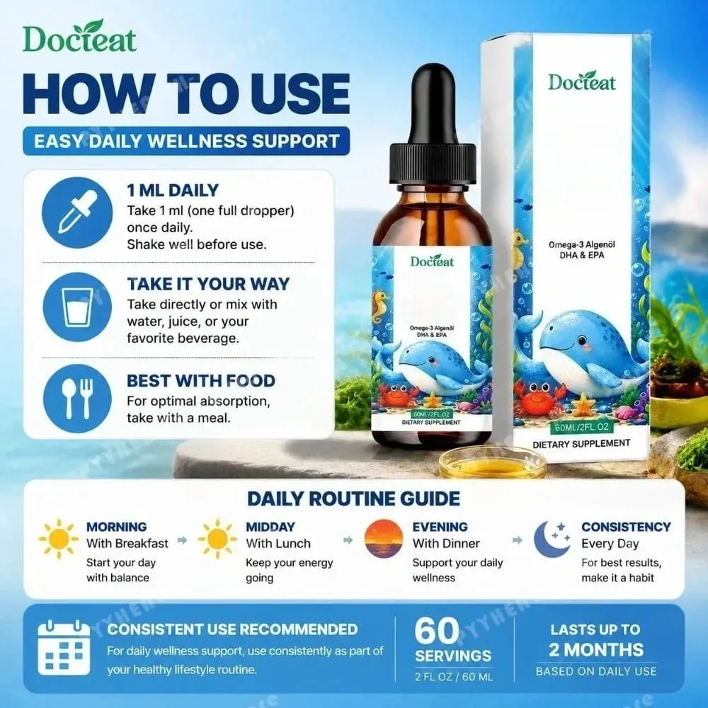 Docteat Rostlinný olej z omega-3 řas DHA EPA tekuté kapky Dětské zdraví mozku Vegan Denní výživa bez GMO Pomeranč 60 porcí
