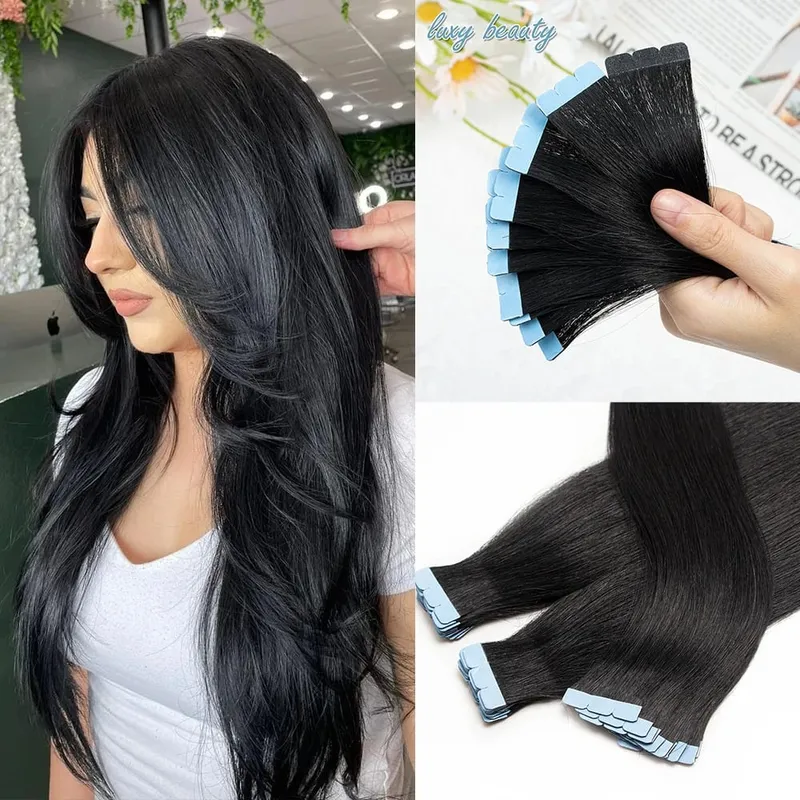 Pita Mini dalam Sambungan Rambut Manusia Sebelah Dua Pita Lancar Tidak Kelihatan dalam Rambut 10pcs/set Asli Lurus Hitam Coklat Berambut perang